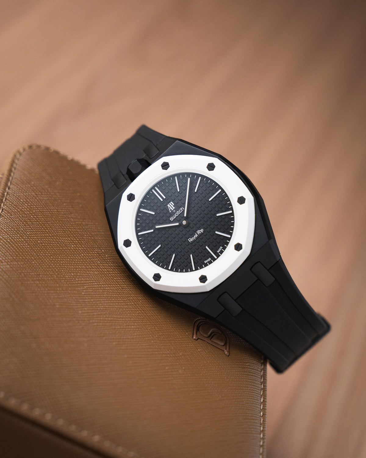 Swatch x Audemars Piguet Royal Pop worn on a Delugs case-strap