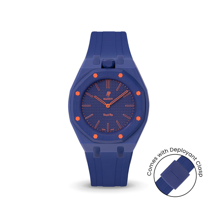 Swatch x Audemars Piguet Royal Pop Orenji Hachi Lépine case-strap wristwatch mockup — by Delugs