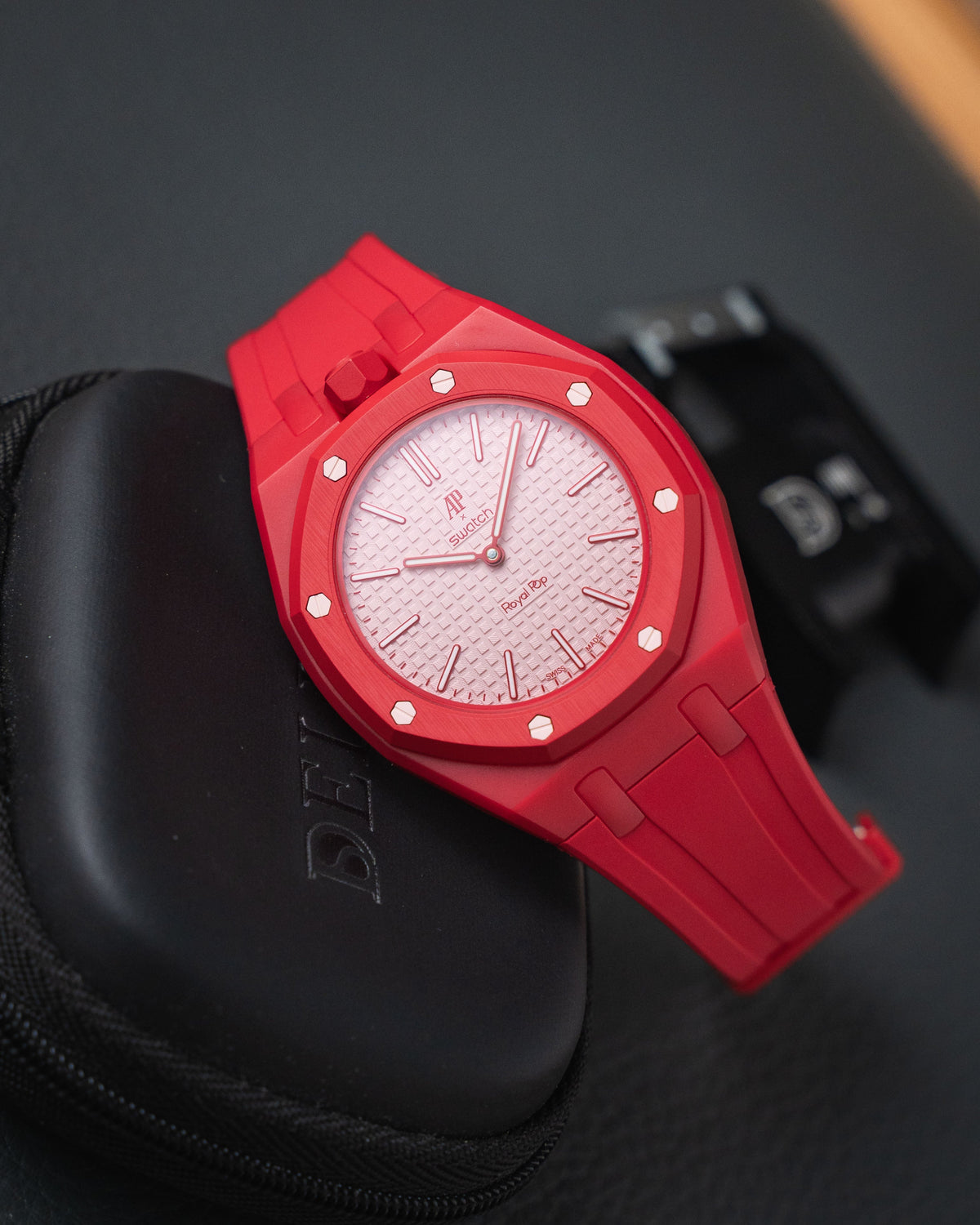 Swatch x Audemars Piguet Royal Pop worn on a Delugs case-strap