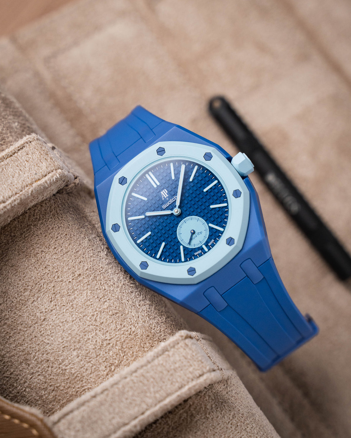 Swatch x Audemars Piguet Royal Pop worn on a Delugs case-strap