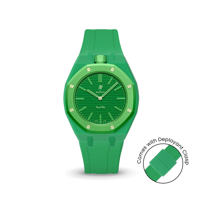 Swatch x Audemars Piguet Royal Pop Green Eight Lépine case-strap wristwatch mockup — by Delugs