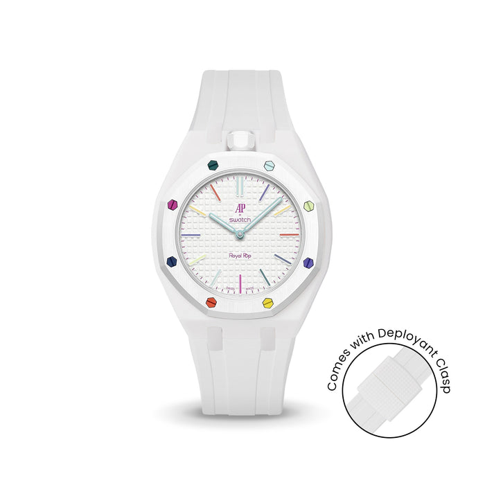Swatch x Audemars Piguet Royal Pop Huit Blanc Lépine case-strap wristwatch mockup — by Delugs