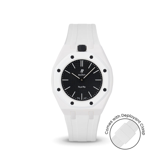 Swatch x Audemars Piguet Royal Pop Ocho Negro Lépine case-strap wristwatch mockup — by Delugs